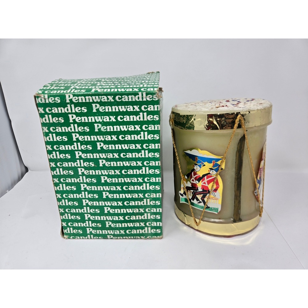 Vintage Pennwax Toy Drum Candle Large Holiday Soldier Decal Gold Trim with Box